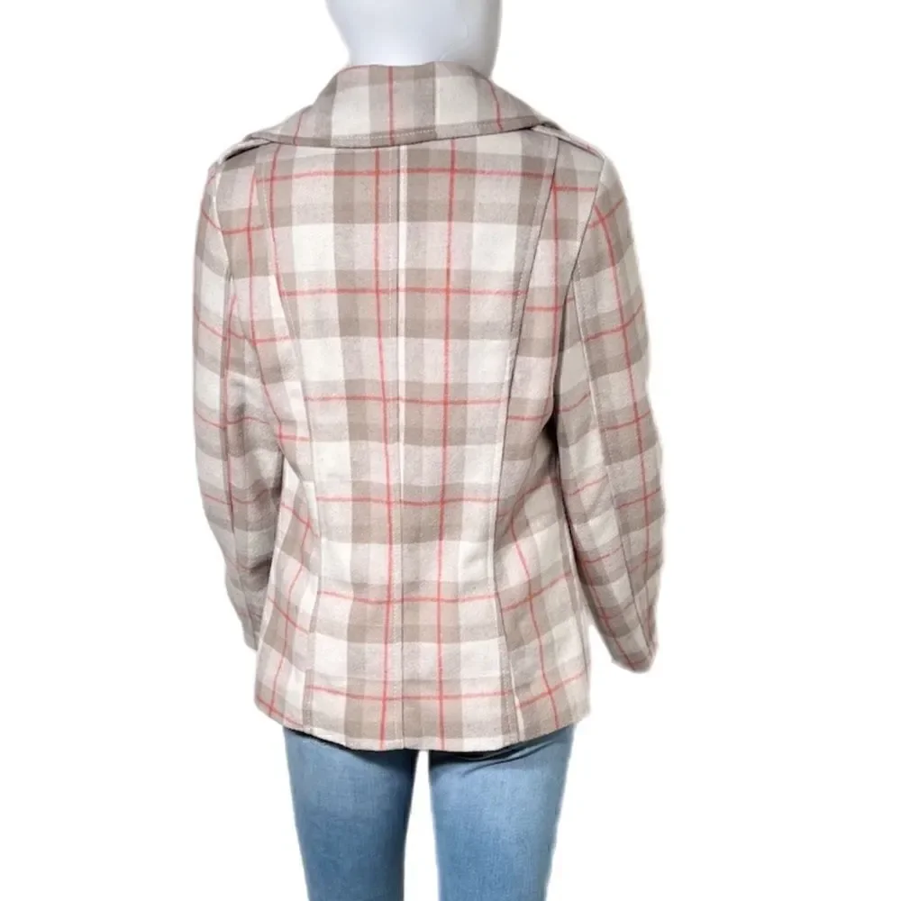 Pink & Beige Plaid Double Breasted Silk Lined Wool Peacoat NWOT